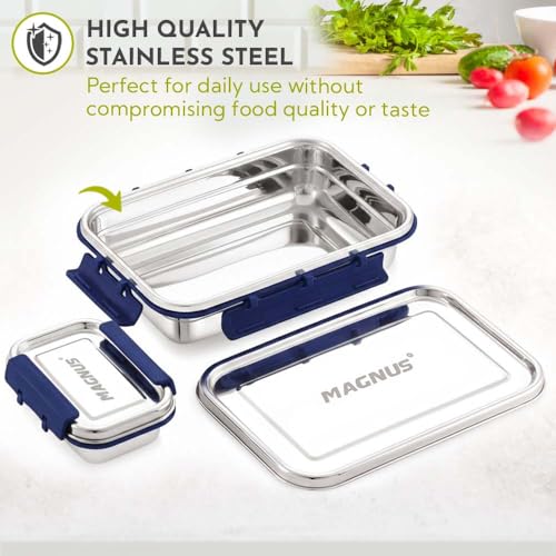 Image of Magnus Dixie Stainless Steel Lunch Box - Airtight & Leak Proof Tiffin, 2 Containers (800ml & 200ml), Ideal Lunch Box for Kids, Lunch Boxes for Office Men, Women & Picnic, Blue