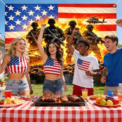 Image of IVN Patriotic Soldier Backdrop Banner 71 x 43 Inch 4th of July Veterans Day Memorial Day Banner Decorations Supplies Independence Day Themed America Independence Day Backdrop