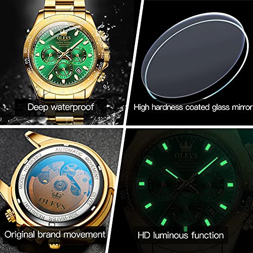 Image of OLEVS Men's Gold Watch Popular, Automatic Winding, Gold Strap, Water Resistant to 3 ATM, Luminous, Calendar, Date, Skeleton, gold-green, Bracelet Type