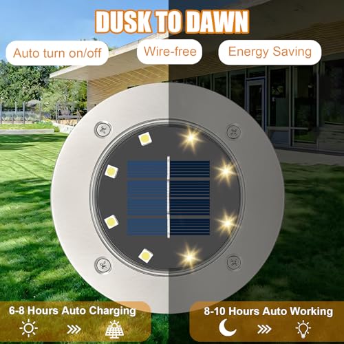 Solar Lights Outdoor Garden,6 Pack Solar Ground Lights,Ip65 Waterproof Garden Lights,Solar Fence Lights Ground Disk Decking Solar Powered for Pathway Patio Yard Lawn Driveway Walkway(Warm White)