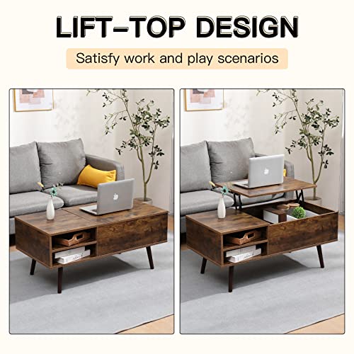 DOUBUY Lift Top Coffee Table with Hidden Storage, Coffee Tables for Living Room with 2 Tier Open Storage Shelves, Small Coffee Table for Home, Living Room, Office, Rustic Brown