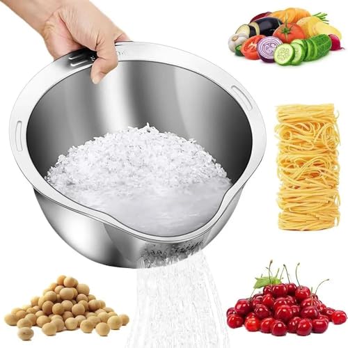 Image of Stainless Steel Rice Washer Strainer Bowl | Multi-Purpose 4-in-1 Rice Rinser & Colander with Side Drainers | Washing Bowl for Rice, Dal, Pulses, Quinoa, Grains, Fruits & Vegetables | 27 cm