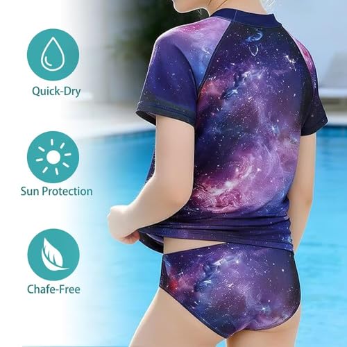 Image of Girls Two Piece Swimsuits Short Sleeve Rash Guard Swim Shirt Bikini Bottom Swim Set Bathing Swim Set Swimwear 3-16 Years