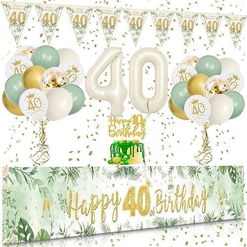 40 Geburtstag Deko, VICTERR Grün Gold Deko 40. Geburtstag Frauen und Männer Deko Set, Lange Größe Happy 40th Birthday Banner Hintergrund 274×37cm, Girlande Wimpel Konfetti Luftballons