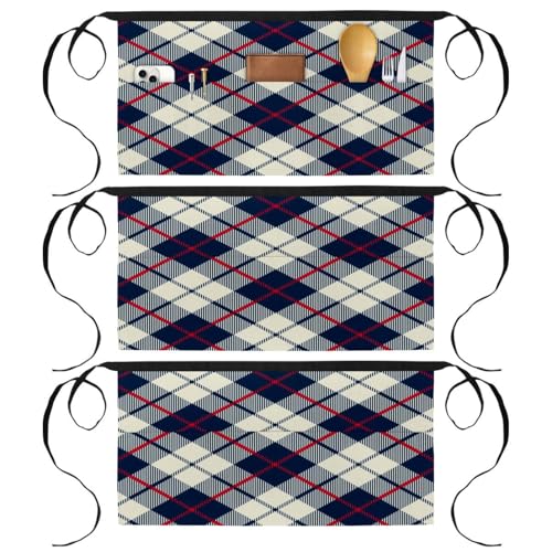 Tablier court de chef écossais bleu beige lot de 3 avec 3 poches pour cuisine et bistrot