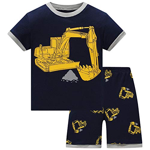 DAUGHTER QUEEN Boys Summer Pajamas Set 100% Cotton Pjs Short Pajamas for Boys Toddler Kids sleepwear clothes(18-24M,Excavator/Blue/Yellow)