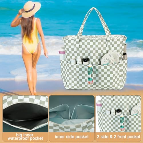 Image of LEDAOU Beach Bag Waterproof Sandproof Women Beach Tote Pool Bag with Zipper for Swim Gym Grocery Travel with Wet Pocket | Sandproof