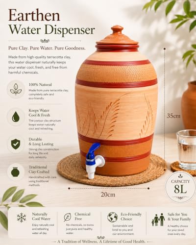 Image of 8L Earthen Water Dispenser with Tap and Lid | Handmade Terracotta Clay Matka | Natural Cooling Water Pot