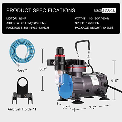 VIVOHOME Airbrush Kit with 1/5 HP Air Compressor and 3 Dual Action Professional Airbrush Gun, Gravity and Siphon Feed, Quiet Air Brush Paint Set with Holder, Color Wheel, Cleaning Brush, 2 Cup - Image 7