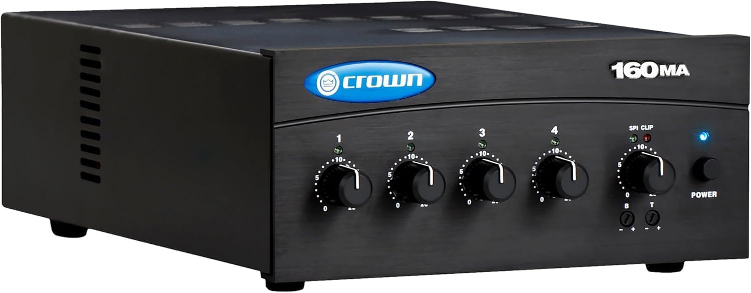 Crown 160MA 4 Input, 4 Channel, 60 Watt Powered Mixer/Amplifier for Paging, Background Music, Music-on-Hold, Installed Sound, 8-Ohm and Constant Voltage Outputs, 70V, Black