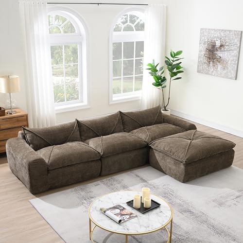 CJLMN 116 inch Fully Compressed Sectional Sofa with High Density Foam, Integrated Backrest and Seat Cushion, Decorative Edging, Legless Design, Particle Chenille - Brown, No Assembly Required