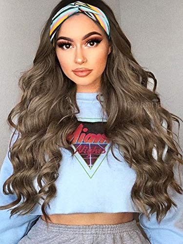 Ombre Brown Headband Wig with Dark Roots Long Wavy Synthetic Wigs for Women Heat Resistant Brown Wig with Headbands 22 inches