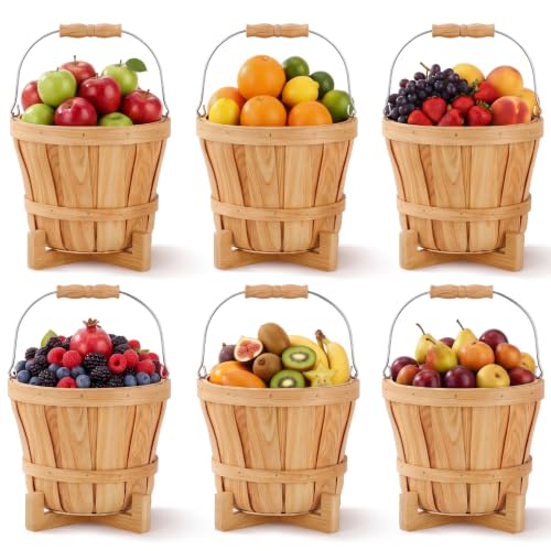 Lounsweer 6 Pack Small Wooden Bushel Baskets with Handle and Racks 7.87 x 5.9 Inch Empty Wood Fruit Buckets Retail Display Apple Basket Harvest Basket for Display Vegetables Garden Party Supplies