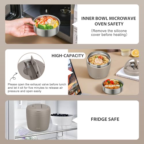 Image of wiwens Thermo Food Jar for Hot Food Adults 32OZ Soup Thermo Lunch Containers Wide Mouth Vacuum Insulated Stainless Steel Leakproof Bento Box with Spoon (Khaki)