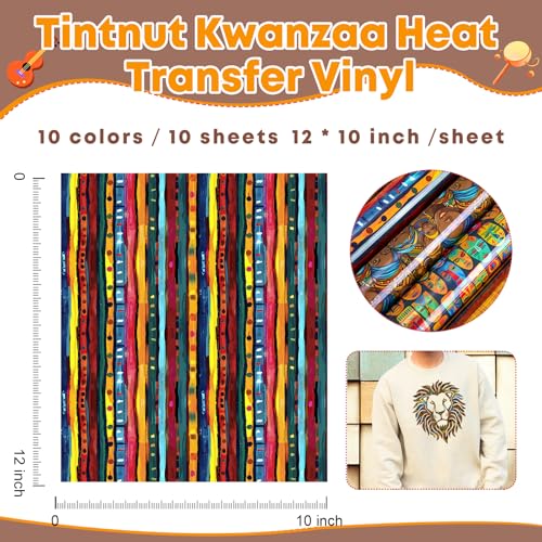 Image of Tintnut Colorful African Heat Transfer Vinyl,10 Pcs 12x10in Iron on Vinyl | Tribal ethnic patterned PU HTV sheets,easy cut & weed,stretch washable,works with iron & heat press for Kwanzaa crafts