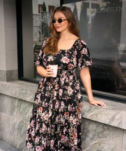 Image of RITERA Plus Size Dresses for Curvy Women Square Neck Short Sleeve Summer Floral Smocked Maxi Dress with Pocket XL-5XL