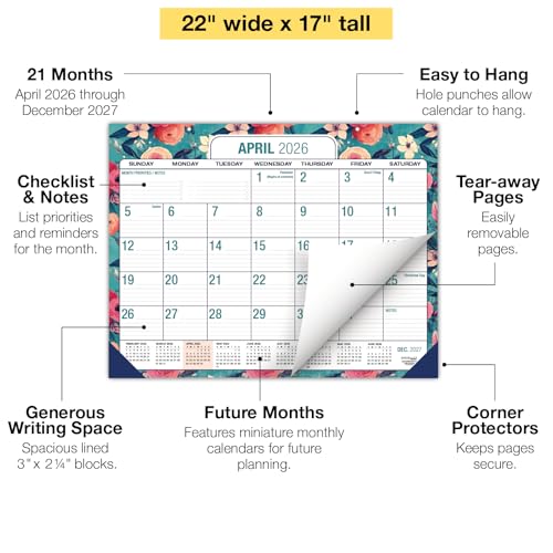 Image of Desk PAD: 22 inch x 17 inch Large Print Desk Pad Calendar, APR 2026 - DEC 2027, 21 Months, (Teal Floral)