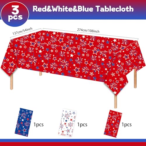 Image of 3 Pcs Patriotic Tablecloth Plastic,54 inchx108 inch Patriotic American Flag Plastic Tablecloth Fourth of July Accessories for Fourth of July Decorations Memorial Day Party Supplies(Red White Blue)