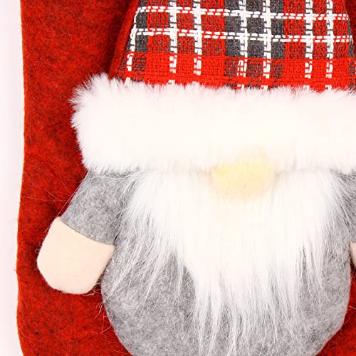 Waydeko Gnome Christmas Stocking Personalized Set Of 2 3D Gnome Couple Santa Holders With Plaid Fabric Felt Cuff Gift Bags For Kids Holiday Fireplace Hanging Christmas Party Decorations #TOP4
