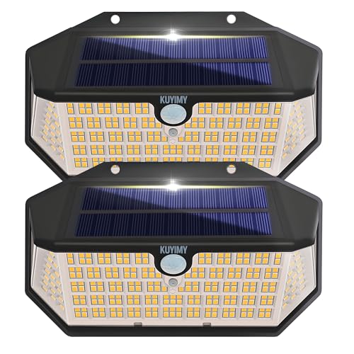 kuyimy Solar Outdoor Lights, 266 LED with Motion Sensor and 3 Lighting Modes, IP65 Waterproof, 5 Sides of 220° Wide Angle Light, Intelligent Security Wireless Lights for Garage, Fence(Warm, 2pack)