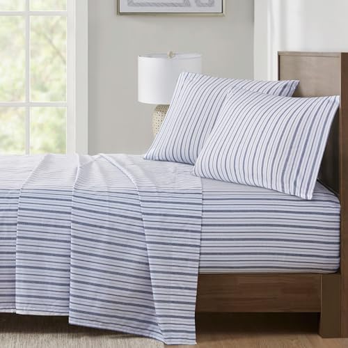 Image of Madison Park 100% Cotton Sheets, King Size, 200TC, Blue Stripe, 4 Piece | Breathable & Soft Sheet Set, Printed Design, All Season Comfort, Elastic Deep Pocket Fits Up to 14 inch Mattress, OEKO-TEX