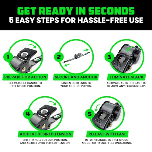 Image of Rhino USA Retractable Ratchet Straps (2-Pack) - 2 Inch x 10 Feet (3,033lb Break Strength) - Heavy Duty Auto Self Retracting Tie Down Straps for Truck, Cargo Trailer, Motorcycle, Rad & More - Gray