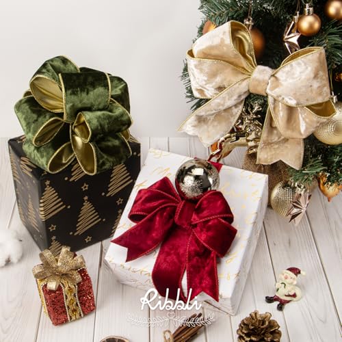 Image of Ribbli Ivory Velvet Wired Ribbon 1.5 Inch Metallic Ivory Crushed Velvet Christmas Ribbon for Gift Wrapping Christmas Tree Decoration Crafts Wreaths Supplies-Continuous 10 Yards