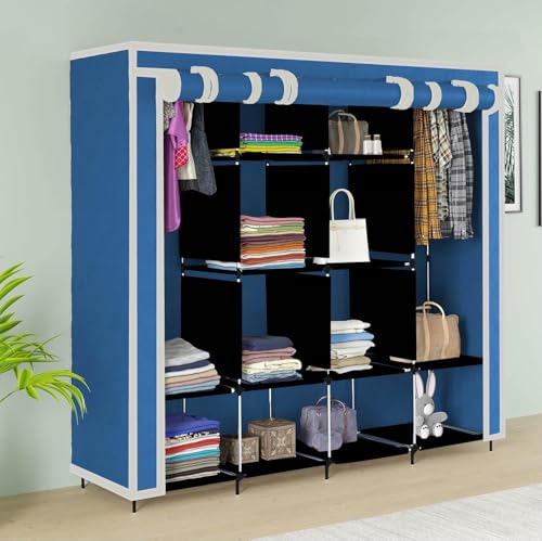 Image of Maison & Cuisine Collapsible Wardrobe 12 Shelves Storage Unit almari Closet Clothes Storage Rack Quick and Easy to Assemble Foldable Almirah (W 88170) (Blue)