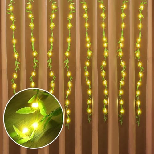 Image of HashWOW Artificial Leaf Curtain Lights - 200 LED Fairy String Lighting for Home & Event Decoration, Perfect for Bedroom, Garden, Birthday & Festive Decor (10x3Feet, Green Color) Corded Electric