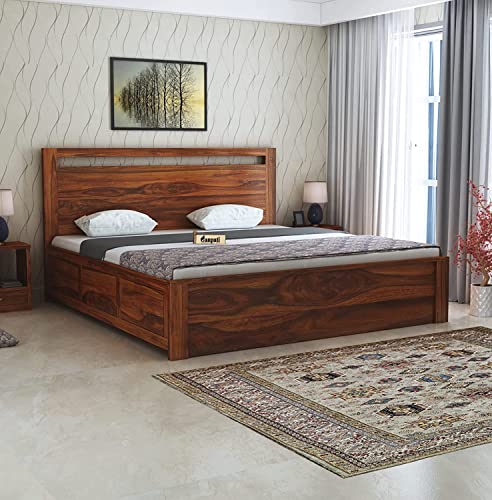 Image of Ganpati Arts Solid Sheesham Wood Jaipur King Size Bed with Box Storage | Wooden Double Bed Cot Palang Furniture for Bedroom Living Room Home and Hotel (Natural Finish) 1 Year Warranty