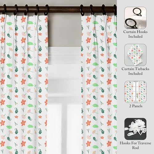 Image of Triple Pinch Pleated Blackout Curtains Thermal Insulated Room Darkening Curtains for Bedroom /Livingroom Pack of 2 Panels, Tiebacks, Hooks (Flower Printed)