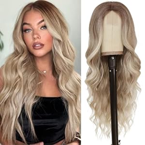 NAYOO Long Blonde Wavy Wig for Women – 26 Inch Middle Part Curly Synthetic Heat Resistant Fiber Wig for Daily Party Use (Ombre Blonde)