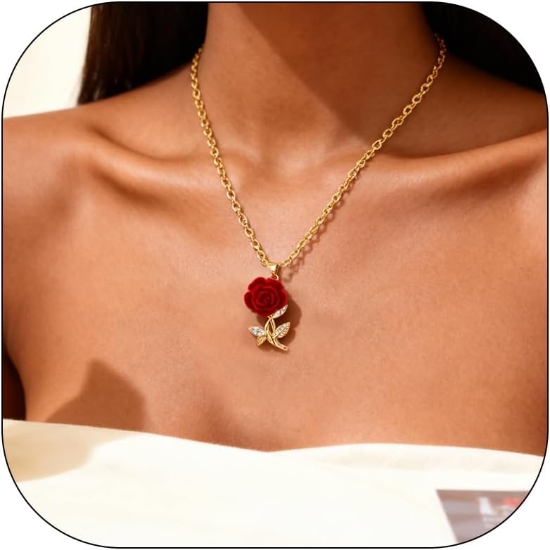 Red Rose Necklace for Women Gold Flower Pendant Necklace Romantic Jewelry Valentines Day Gifts for Her Trendy Accessory