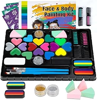 FLYISH DIRECT Face Paints for Children Sensitive, Water Based Face Painting Kit, Halloween Makeup Kit with 18 Colors, 2 rainbow cake, 2 glitters, 4 brushes and 4 sponges, and 32 reusable stencils