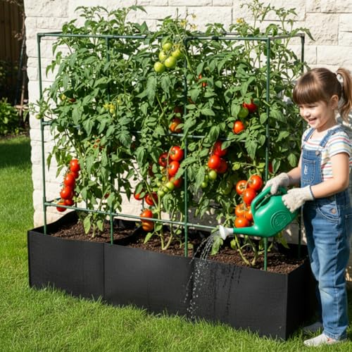 Tomaten Rankhilfe Metall Set - 115cm Hochbeet mit Rankgitter & 3 Fächer Pflanzsack für Tomaten - Verstellbare Pflanzenstütze für Gurken & Kletterpflanzen, Garten & Balkon
