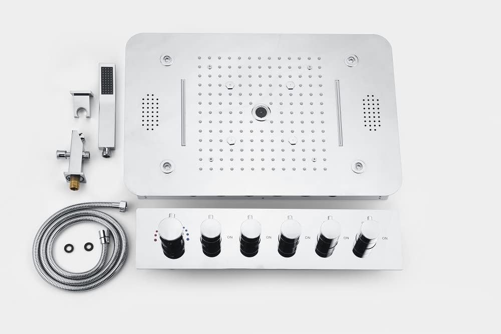 Cascada Luxury 15”x23” Rectangle Music LED shower system with built-in Bluetooth Speakers, 5 function (Rainfall, Waterfall, Misty, Column & Handshower) & Remote Control App (Matt Black)