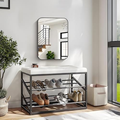 Image of Bathroom Mirror, 18 x 24 inch Metal Framed Black Rectangle Mirror, Rounded Corner Rectangular Vanity Mirror, Wall Mounted Mirror for Modern Bedroom Living Room Hangs Horizontal or Vertical