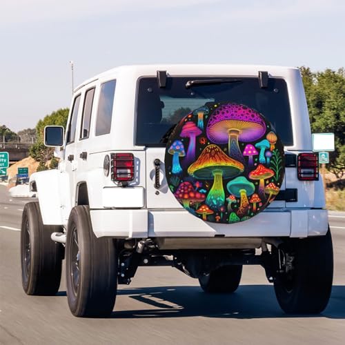 Image of Trippy Neon Shroom Mushroom Spare Tire Cover Dust-Proof Wheel Tire Cover Fit Trailer, RV, SUV and Many Vehicle 16inch