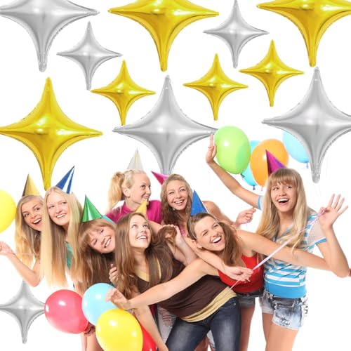 Image of Gold Silver Star Balloons,12Pcs Four Angle Star Foil Balloons | 26Inch and 10Inch Blue Gold Silver Quadrangle Star Helium Balloon for Birthday Graduations New Year Party Decorations