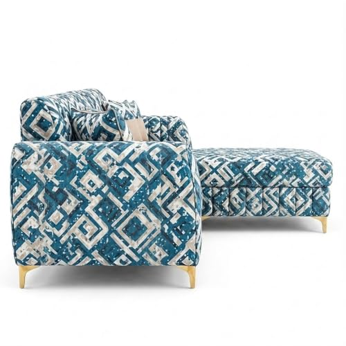 Image of CASASTYLE Signature Velour 4-Seater L-Shape Sofa Set with Movable Ottoman | Flexible LHS /RHS Layout | Tapestry Fabric | 40D Foam + Zigzag Spring | 3-Yr Warranty (Lagoon Mosaic Blue)