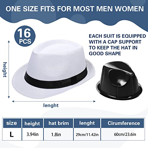 Image of Lasnten 16 Pcs Fedora Style Hat Bulk Men 1920s Gangster Short Brim Panama Cap Women Party Costume, Circumference 60 cm(White)