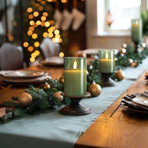 Image of Amagic Green Glass Flameless Candles with Remote and Timer for St. Patrick's Day, Real Wax Battery Operated Candles, Flickering Electric LED Pillar Candles, Home Party Decor, Set of 3