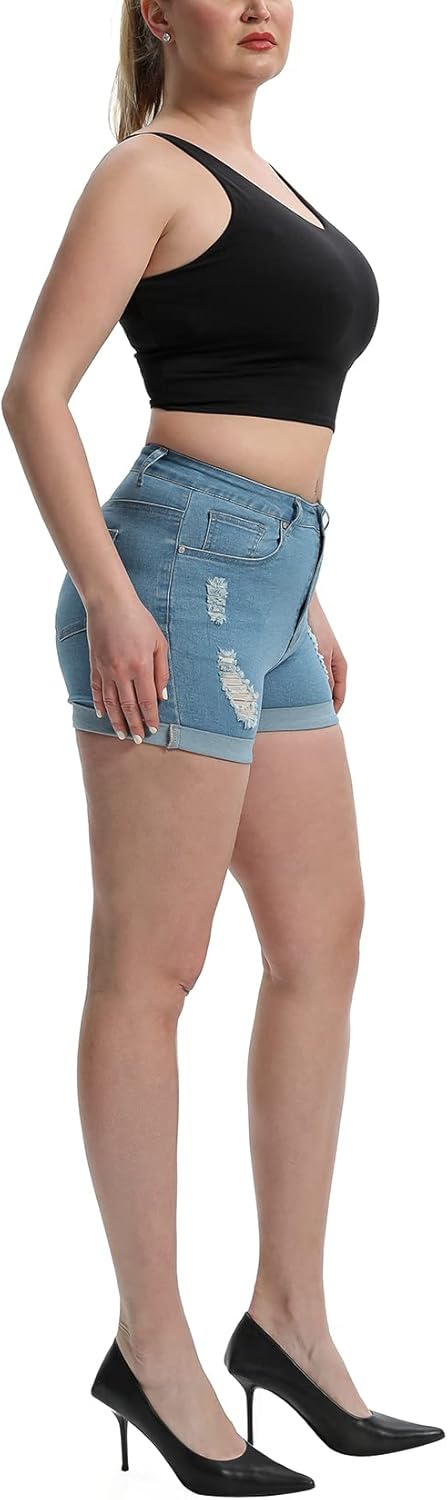 Laeyzuo Women's High Waisted Stretch Jean Shorts Foldead Hem Fashion Denim Shorts - Image 4