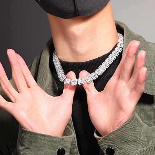 Lulu Mel 13Mm Baguette Choker Chain Micro Pave Bling Pink Square Cz Iced Out Cuban Link Chain Necklace/Bracelet Hip Hop Jewelry Gift (20", Silver/Necklace) #TOP4