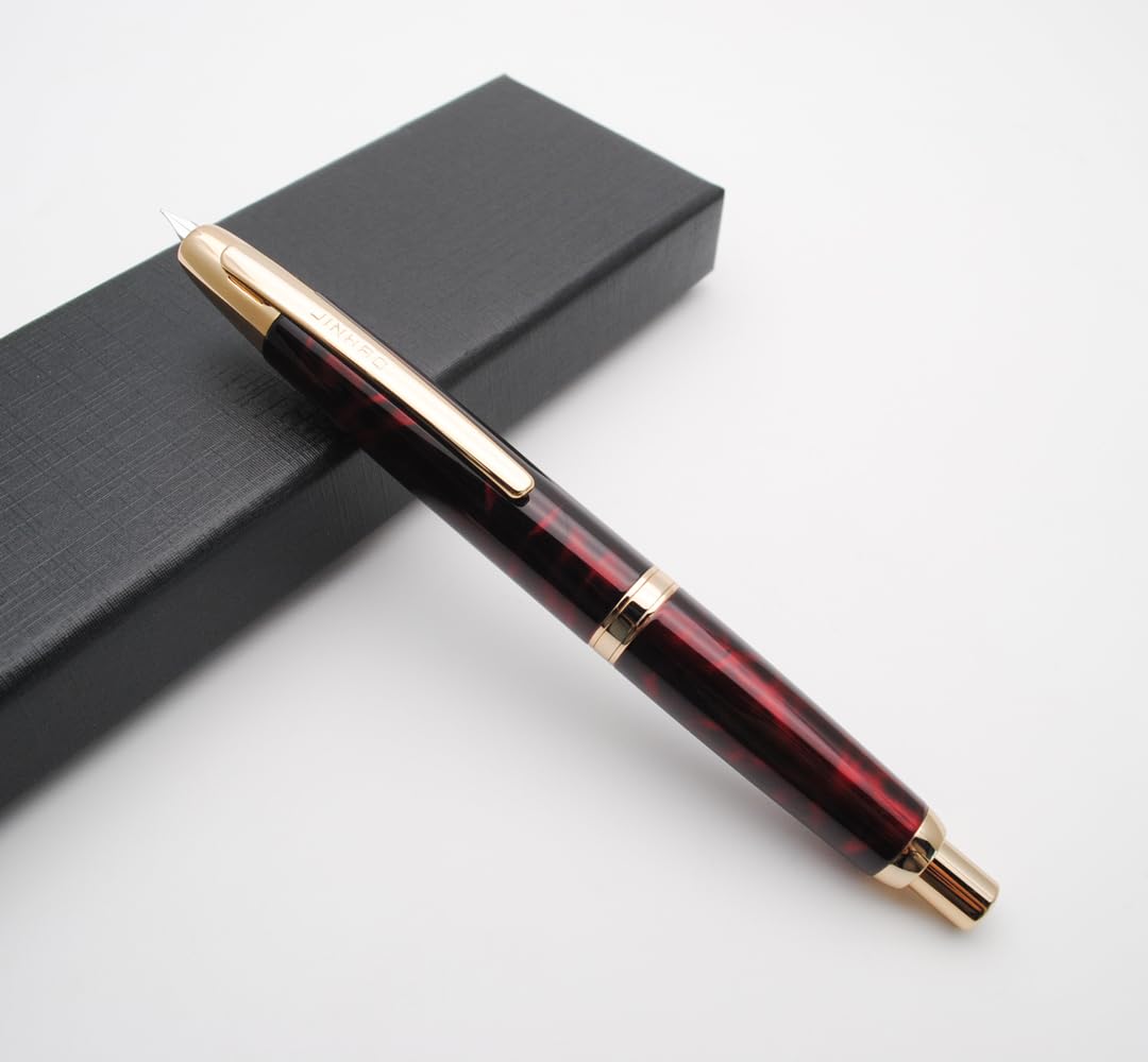 JINHAO Pióro wieczne z 10 tłoczeniami, chowane, metalowe pióro z konwerterem atramentu, stalówka F 0,5 mm, czerwone agat