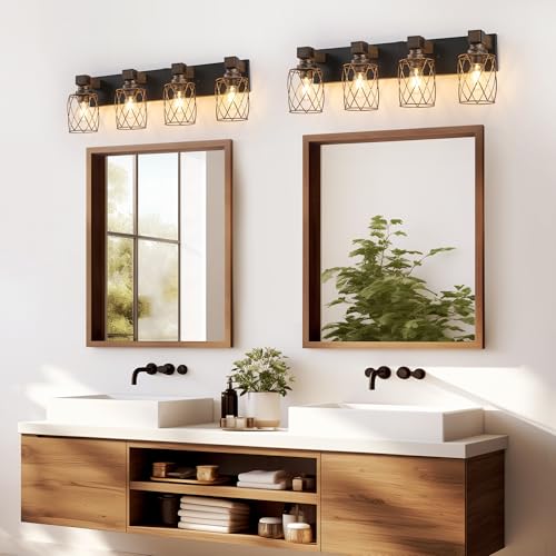 Image of 4-Light Black Gold Farmhouse Vanity Light, Wood & Metal Cage Shade