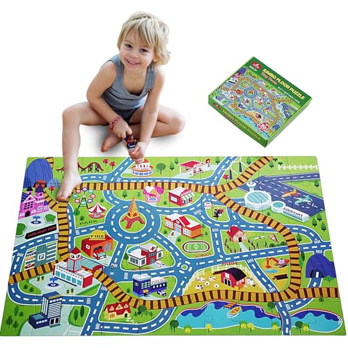 Beeqoo Giant Floor Puzzle for Kids - 60 Piece City Adventure Map with Train Tracks - Thick Cardboard Large Jigsaw Puzzles (2x3 feet) - Storytelling Educational Preschool Toy for Toddlers Ages 3-5 4-8