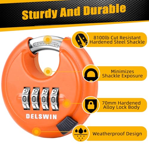 Image of DELSWIN 4-Digit Disc Combination Lock, Orange, 2 Pcs, 3 /8 inch Shackle