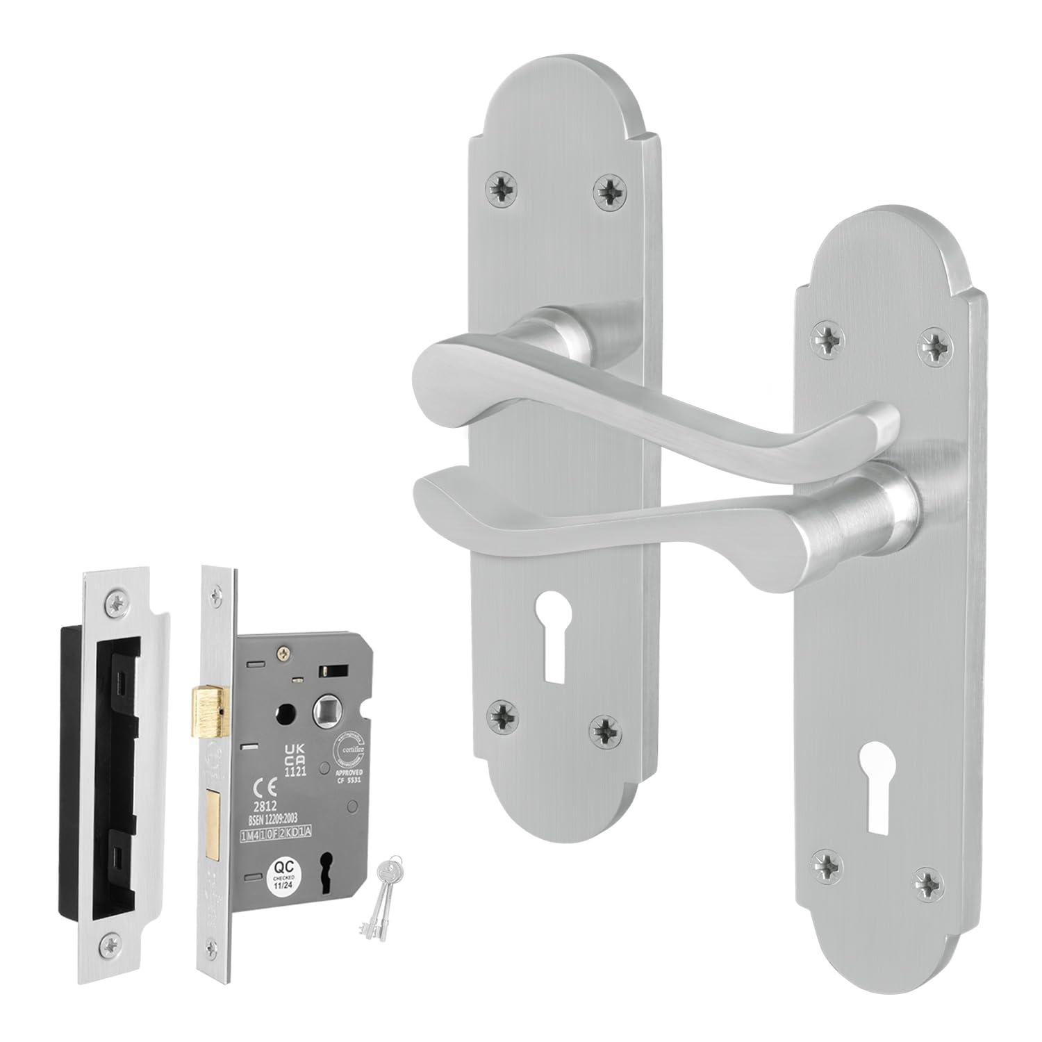 EAI Satin Door Handles Lock Set, 1 Pair of Internal Satin Chrome Victorian Scroll Shaped Backplate Handles and Lock 64mm