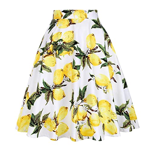 Jupe évasée à imprimé floral rétro d'été pour femme taille haute en blanc motif citron